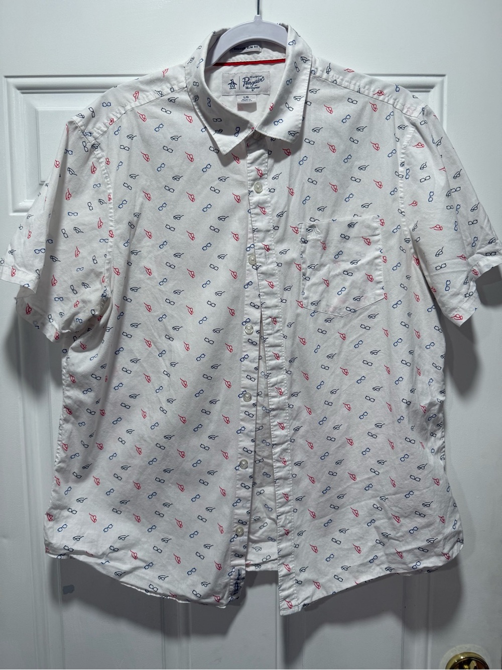 Original Penguin White Short-Sleeve Button-Down Shirt with Red & Blue Print